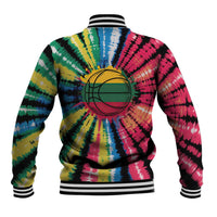 Multicolor tie-dye varsity baseball jacket with large back basketball skeleton graphic