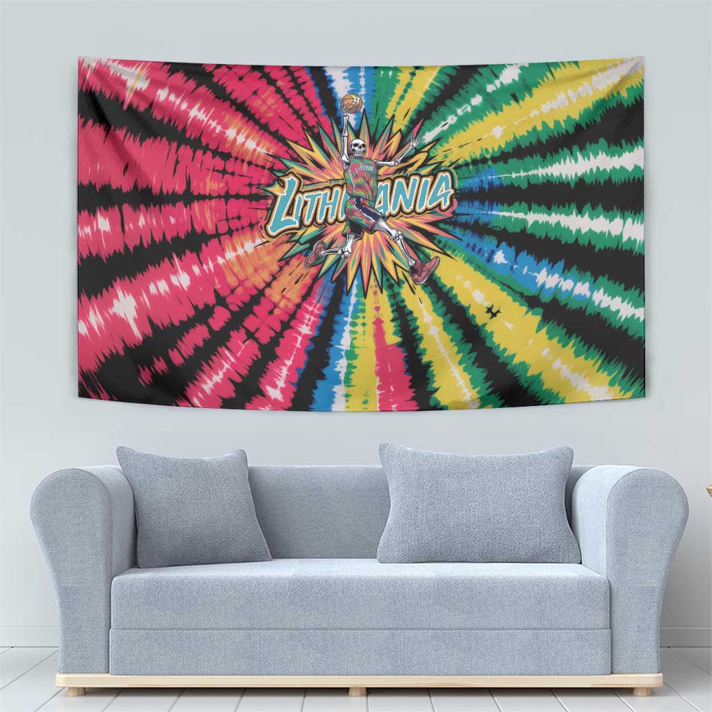 Multicolor tie-dye basketball wall tapestry with skeleton dunk emblem and rainbow rays