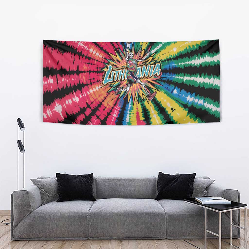 Multicolor tie-dye basketball wall tapestry with Lithuania skeleton dunk graphic