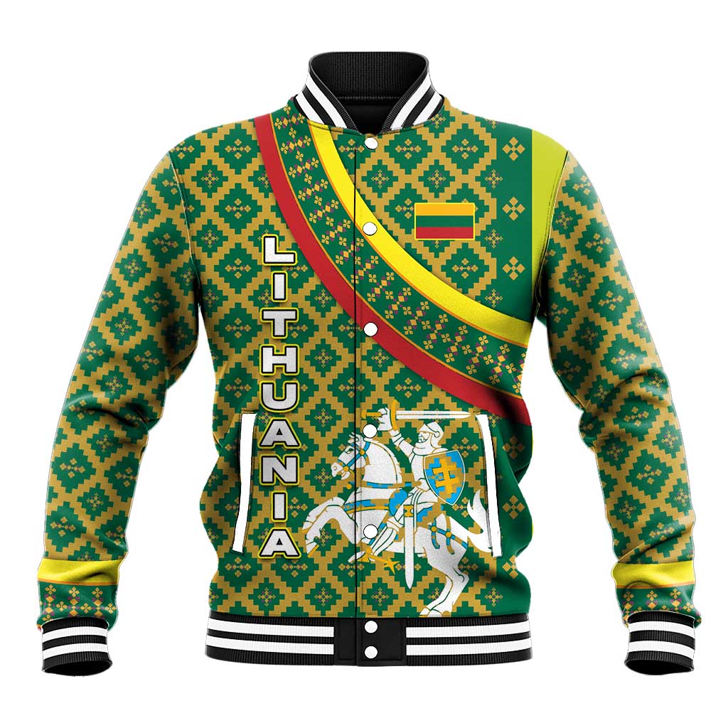 Lithuania Knight Pattern Baseball Jacket with Traditional Green Yellow Red Design and Vytis Emblem - Wonder Print Shop