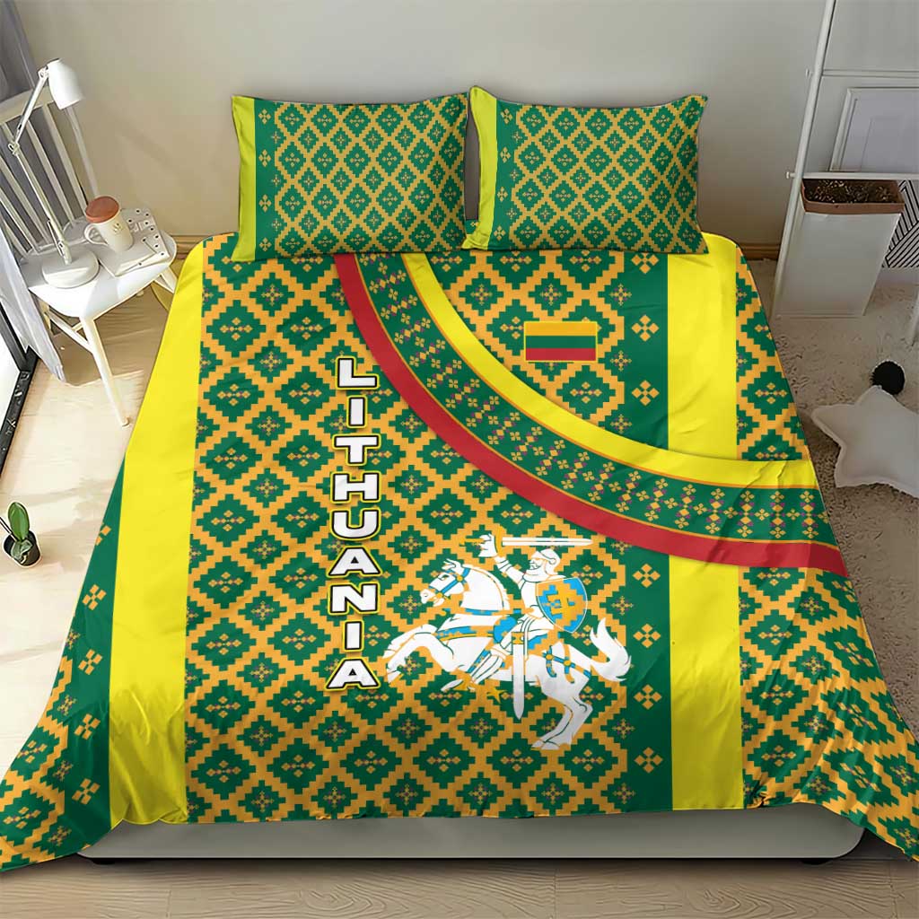 Lithuania Knight Pattern Bedding Set with Traditional Green Yellow Red Design and Vytis Emblem - Wonder Print Shop