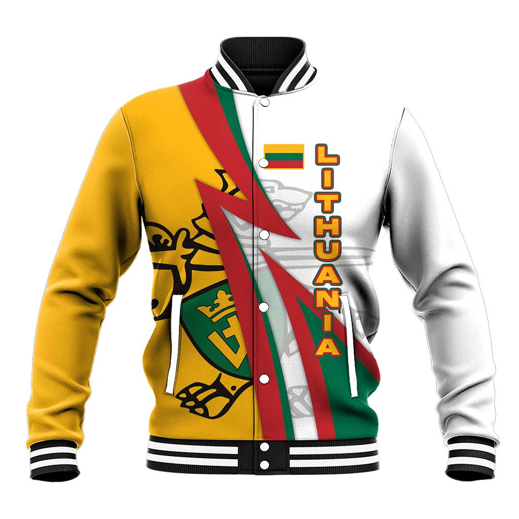 Lithuania Flag Colors Baseball Jacket with Vytis Knight Design and Bold Lightning Motif - Wonder Print Shop