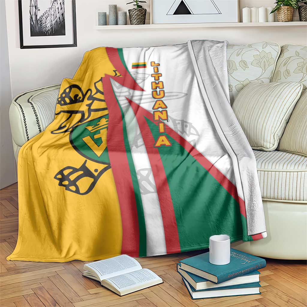 Lithuania flag colors blanket draped on sofa, white/red/green/yellow knight and lightning motif
