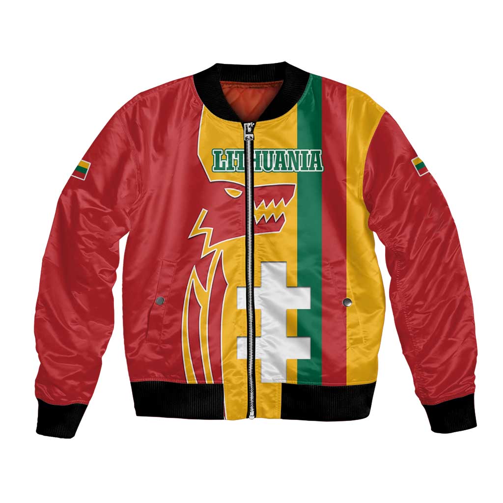 Red bomber jacket with multicolor Lithuania crest, front zipper, and black ribbed cuffs