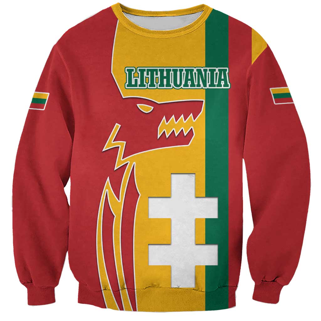 Lithuanian red sweatshirt with bold Vytis cross and tricolor panel front graphic