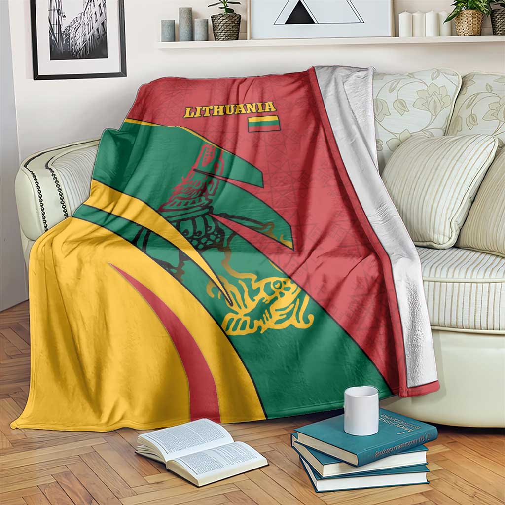 Lithuania-themed blanket with red, green, and yellow flag design and dragon graphic