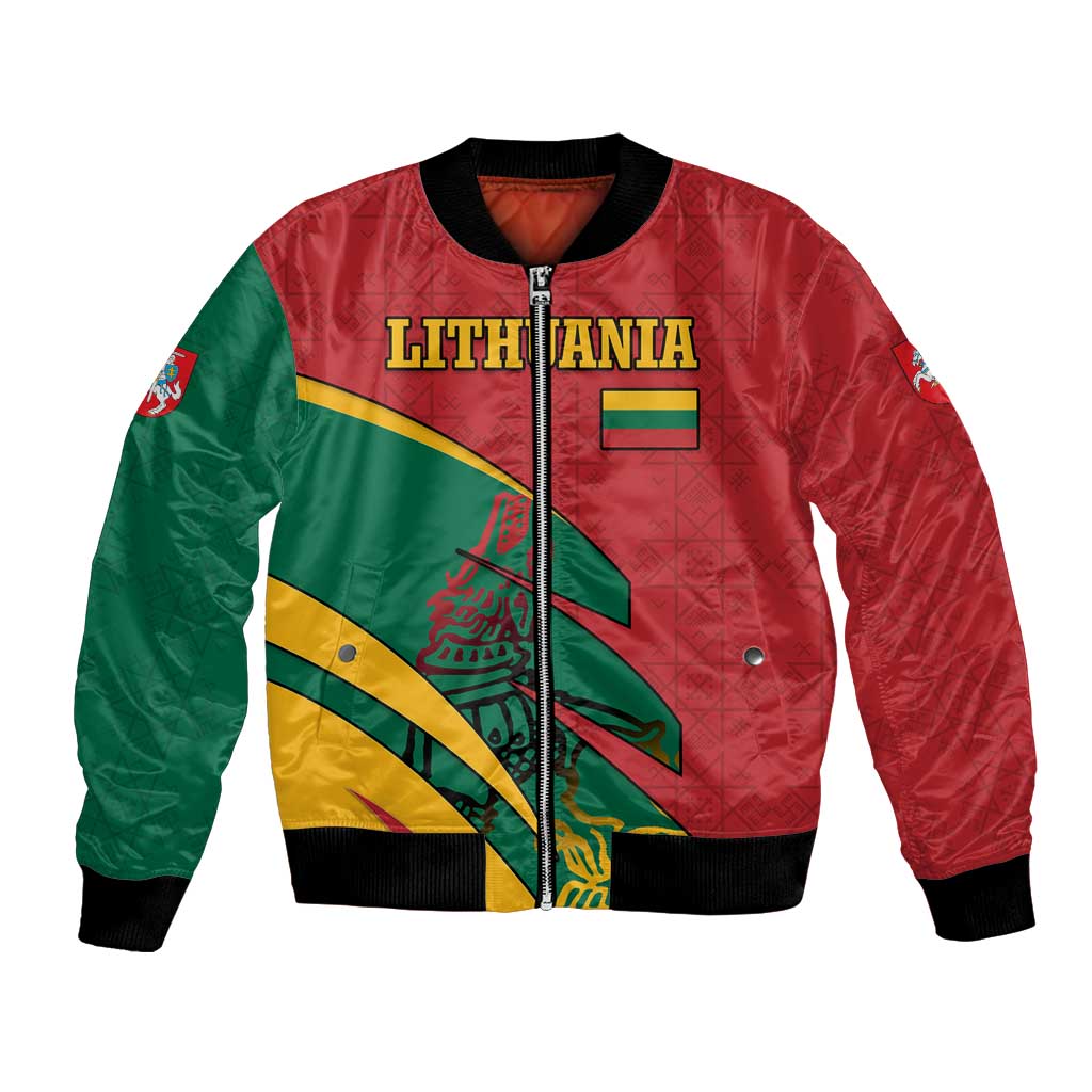 Red and green bomber jacket with full-zip front, ribbed cuffs, Lithuania flag graphic