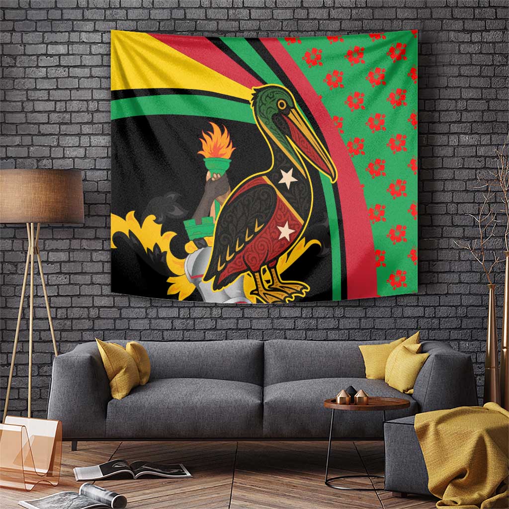 Multicolor Saint Kitts and Nevis tapestry with flag stripes, bird figure, and red flower pattern