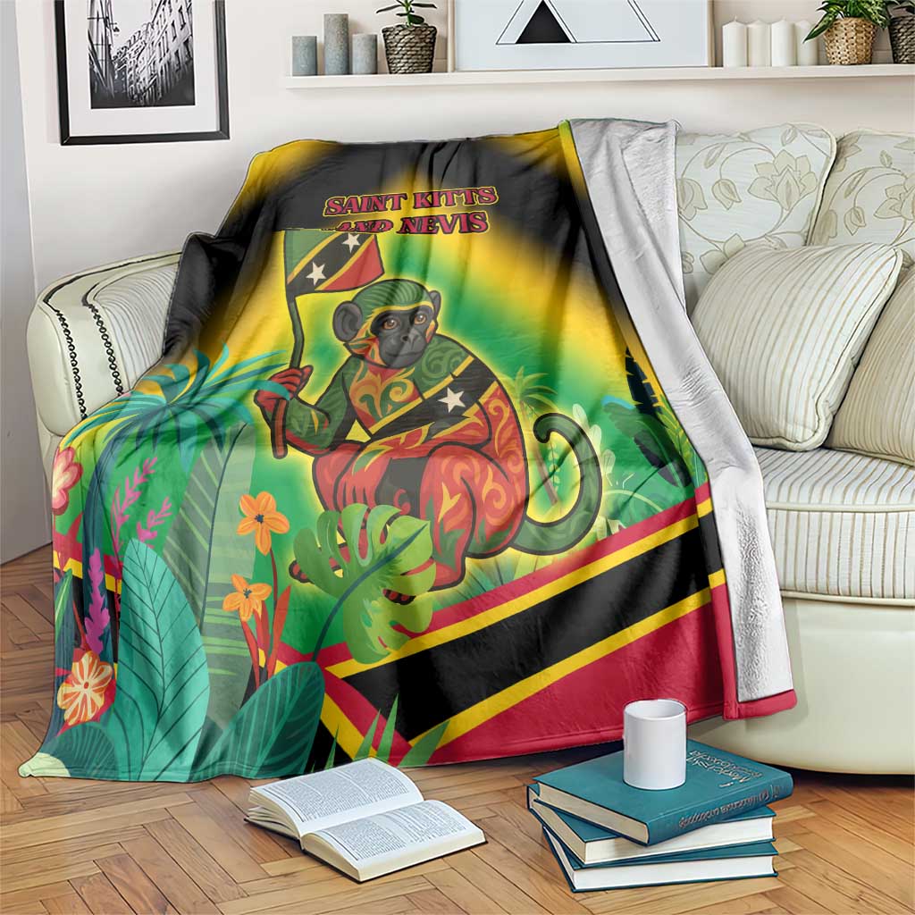 Multicolor fleece-style blanket with Saint Kitts and Nevis crest and flag pattern