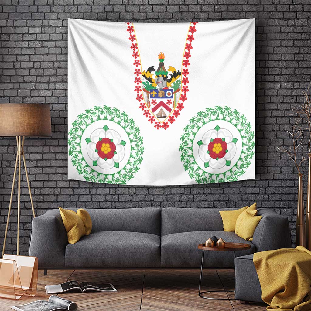 White Saint Kitts and Nevis tapestry with multicolor coat of arms and hibiscus flowers
