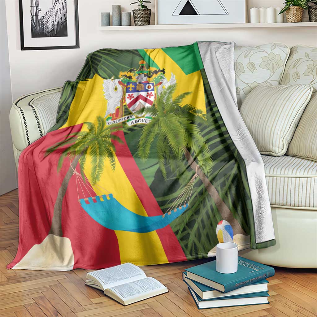 Tropical green blanket with Saint Kitts and Nevis crest, palm trees, and hammock graphic