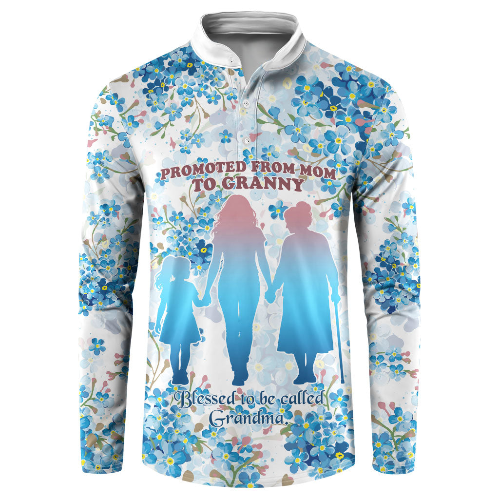 Promoted To Grandparents Button Sweatshirt Family Generations Blue Floral Silhouette Art