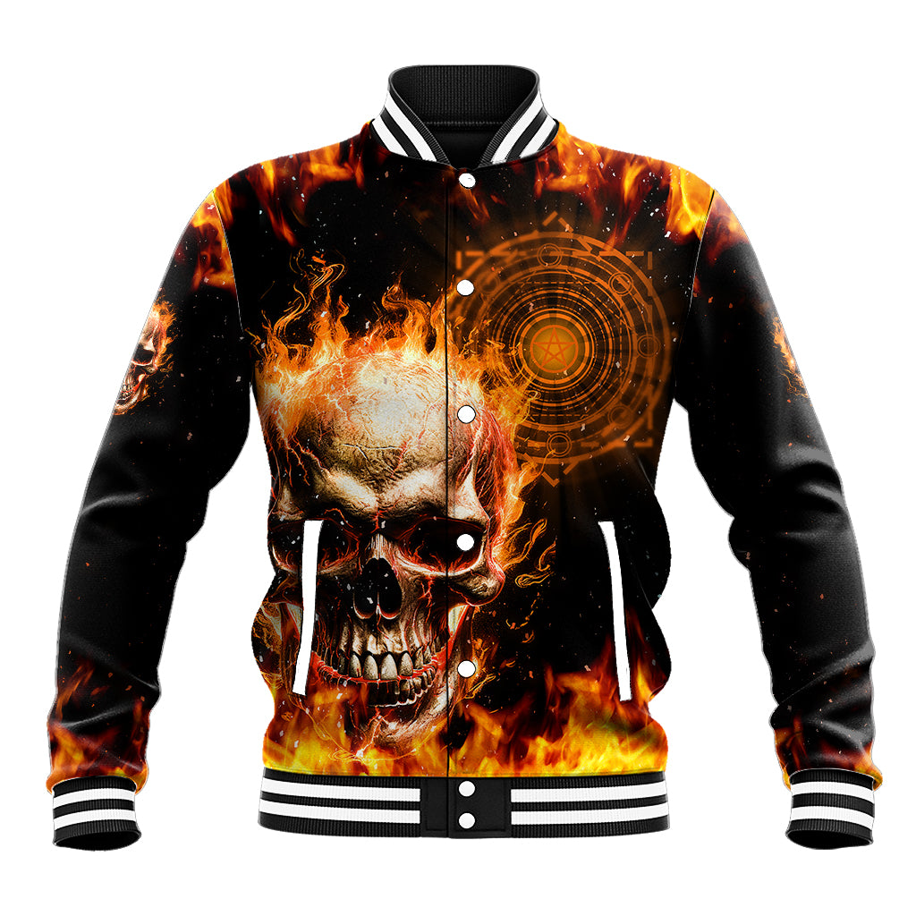 Unisex flaming skull baseball jacket with orange circular graphic, snap front, striped rib cuffs