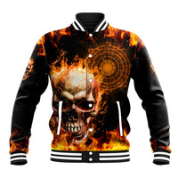 Unisex flaming skull baseball jacket with orange circular graphic, snap front, striped rib cuffs