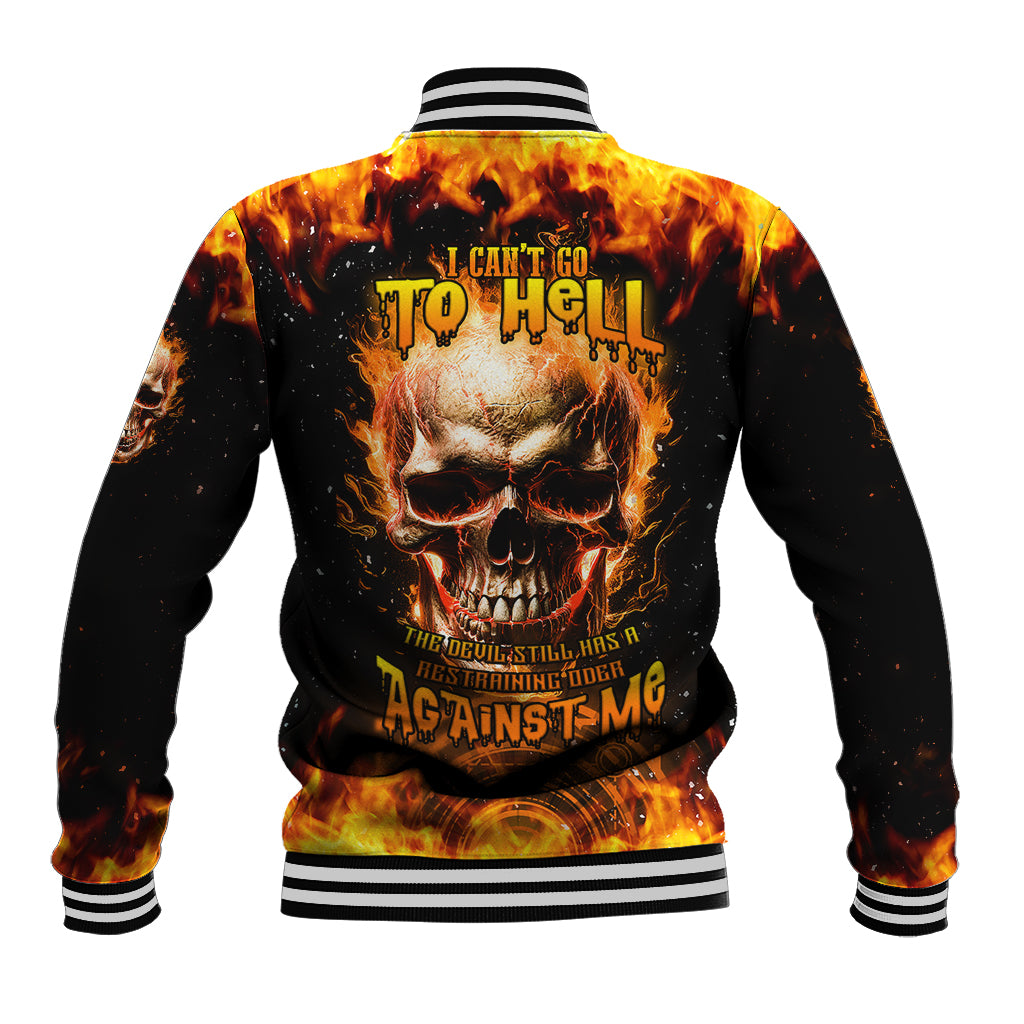 Unisex flaming skull baseball jacket, black-orange gradient, striped rib collar and cuffs
