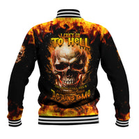 Unisex flaming skull baseball jacket, black-orange gradient, striped rib collar and cuffs