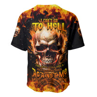 Back view baseball jersey with flaming skull graphic, black-orange gradient, short sleeves