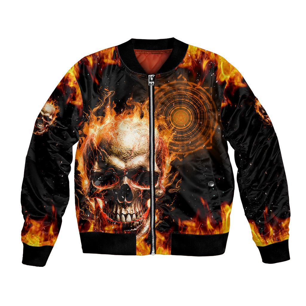 Unisex zip-up bomber jacket with fiery gradient skull face, flames, and circular emblem