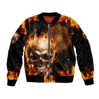Unisex zip-up bomber jacket with fiery gradient skull face, flames, and circular emblem