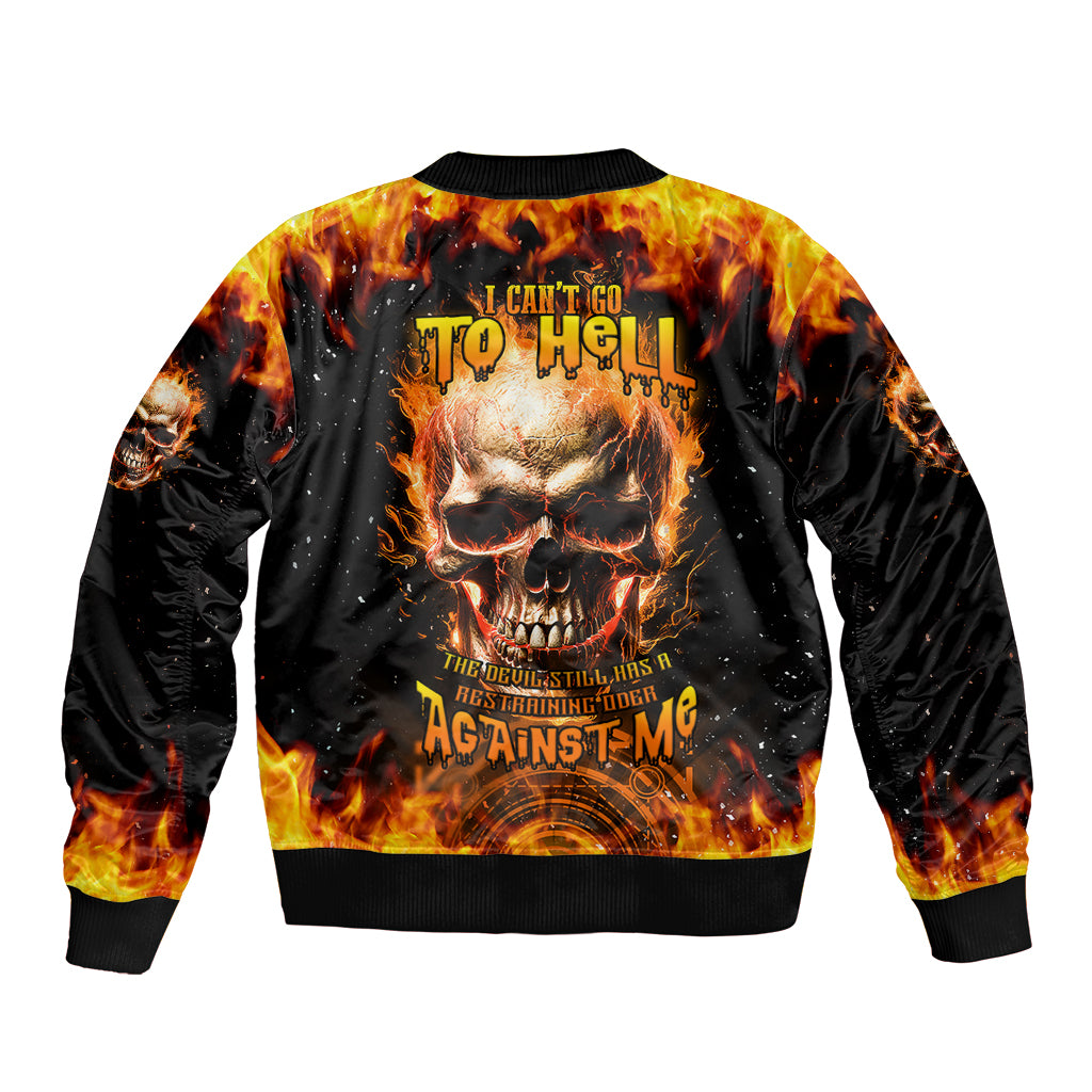 Unisex bomber jacket with fiery gradient skull graphic and slogan text on back