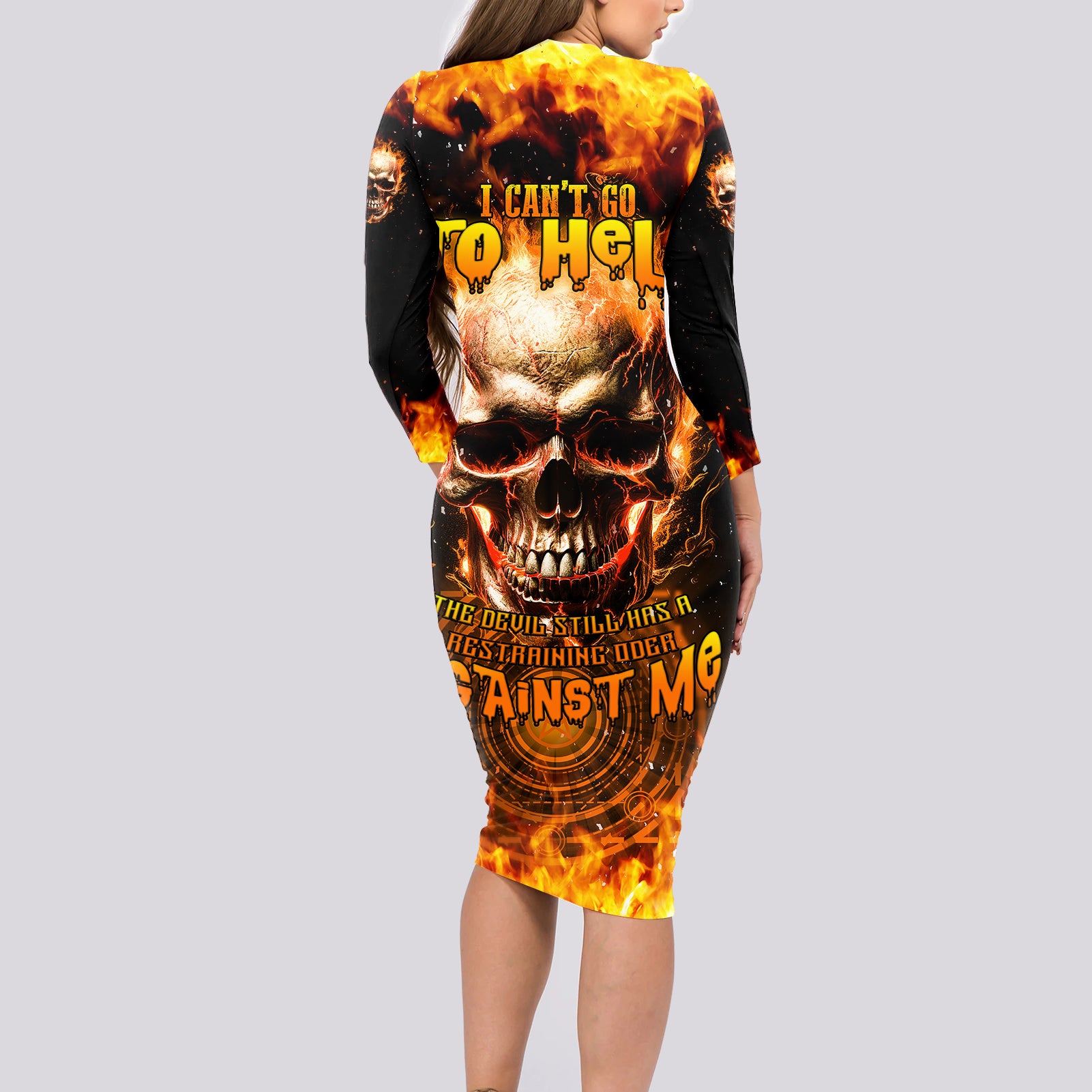 Magic Fire Skull Long Sleeve Bodycon Dress I Can't Go To Hell The Devil Still Has A Rest Training Oder Against Me - Wonder Print Shop