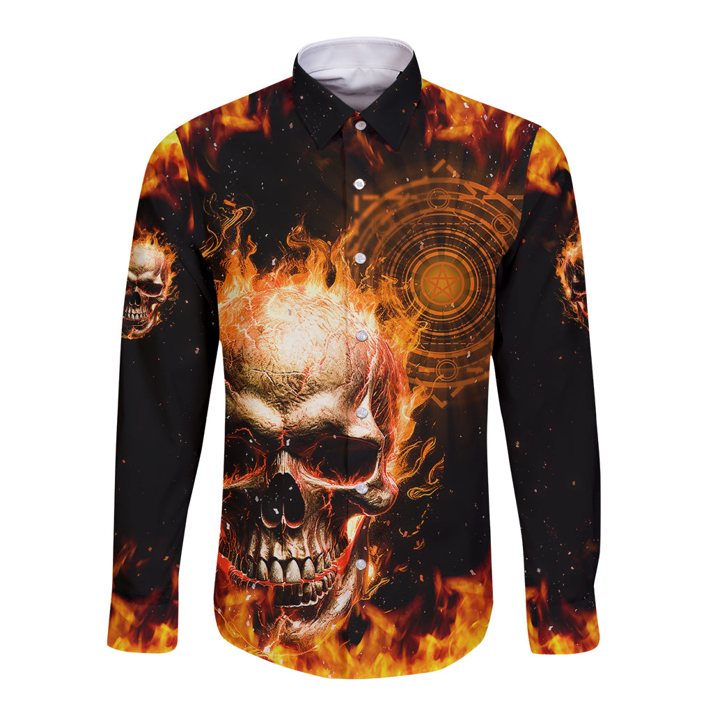 Long-sleeve button shirt with front skull-face flame graphic, black/orange gradient