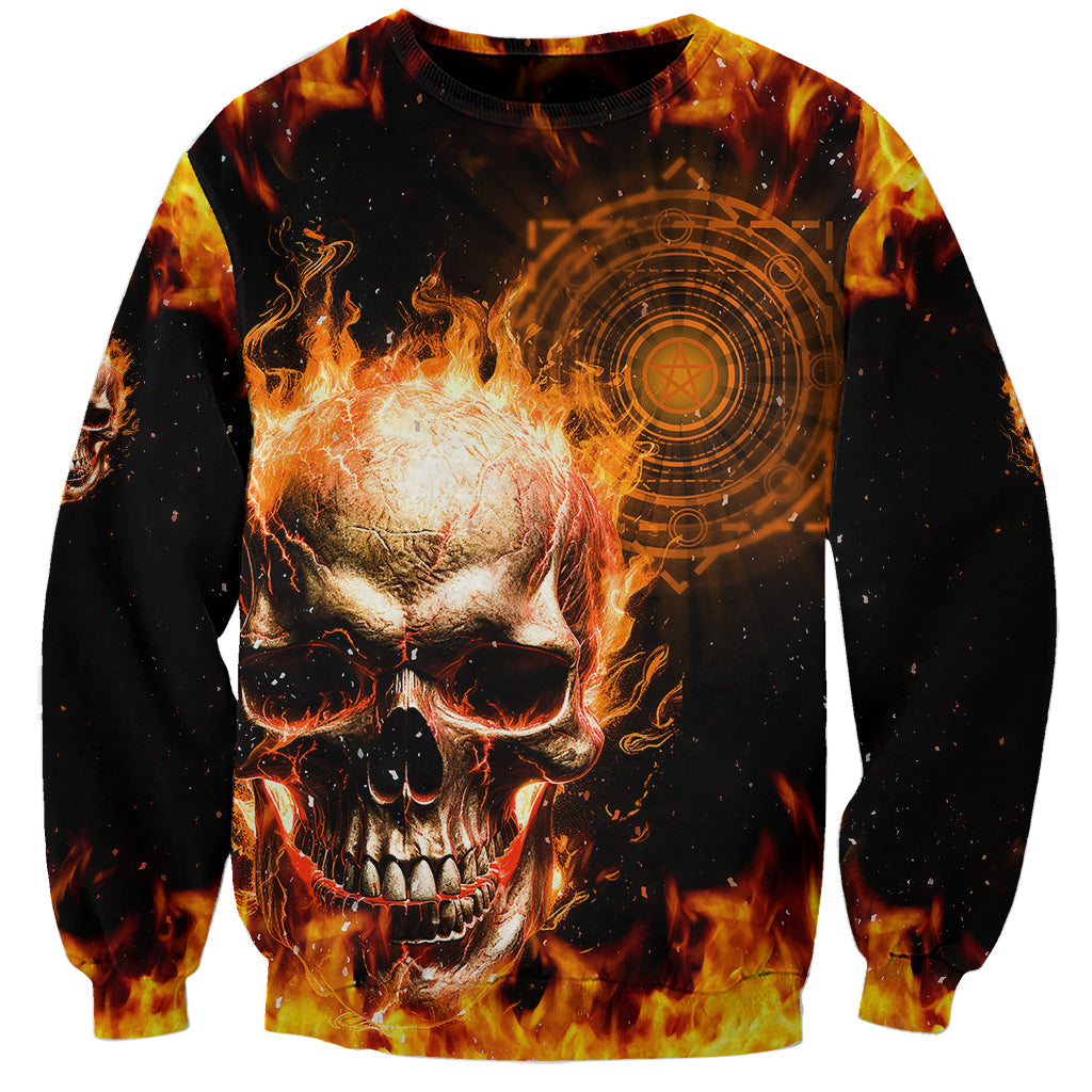 Unisex gradient skull sweatshirt with flames and circular target-style graphic on front