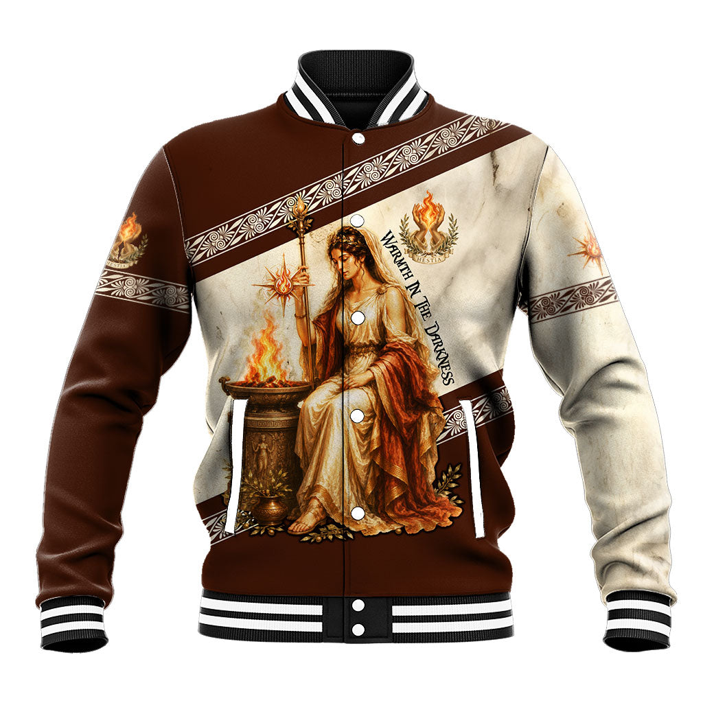 Greek Goddess Hestia Sacred Hearth Flame Baseball Jacket Classical Mythology Illustration Vintage Antique Parchment Art