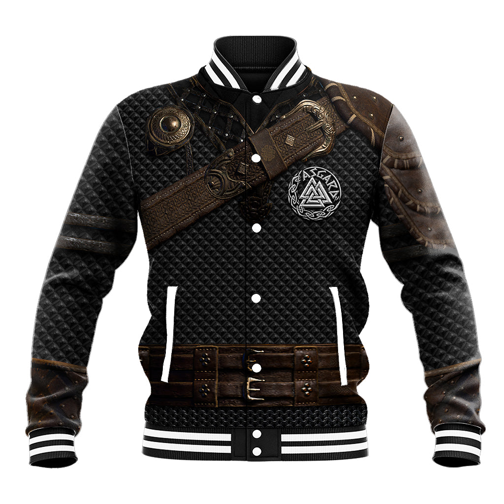 Black and brown varsity baseball jacket with front button placket, white stripe cuffs, emblem