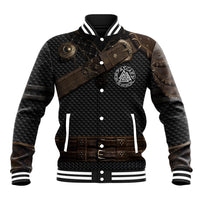 Black and brown varsity baseball jacket with front button placket, white stripe cuffs, emblem
