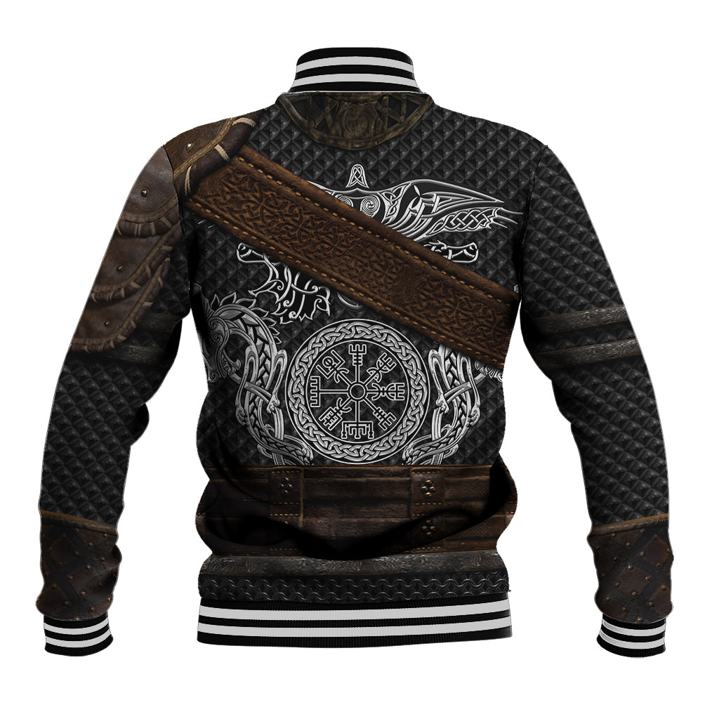 Black quilted varsity jacket with back graphic medallion, brown strap belt, white striped hem