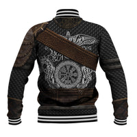 Black quilted varsity jacket with back graphic medallion, brown strap belt, white striped hem