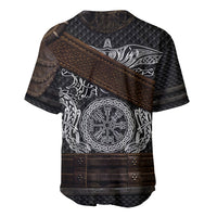Viking baseball jersey, black with brown strap detail, silver back rune emblem