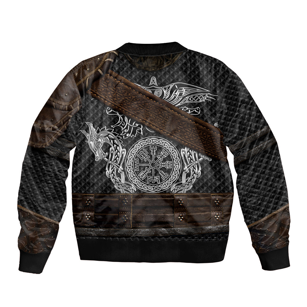 Bomber jacket with dark pattern, diagonal brown strap, and large silver Viking emblem print