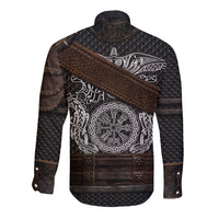 Long sleeve button shirt with large Vegvisir circular print and brown diagonal strap