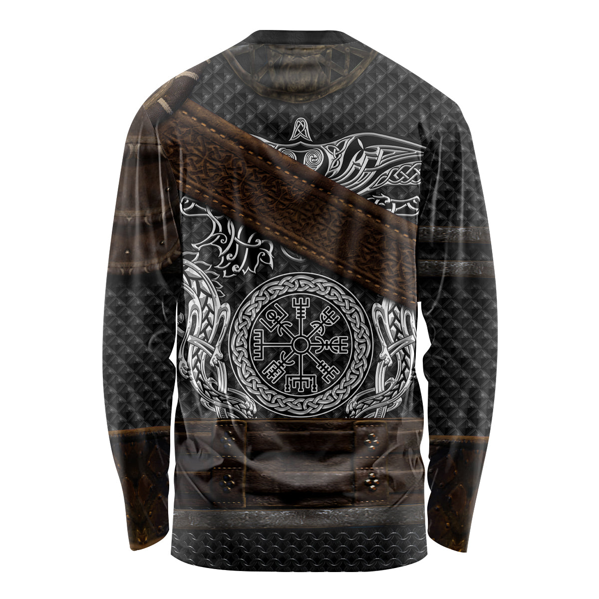 Viking long-sleeve shirt with large Vegvisir circular print, diagonal emblem strip, dark multicolor