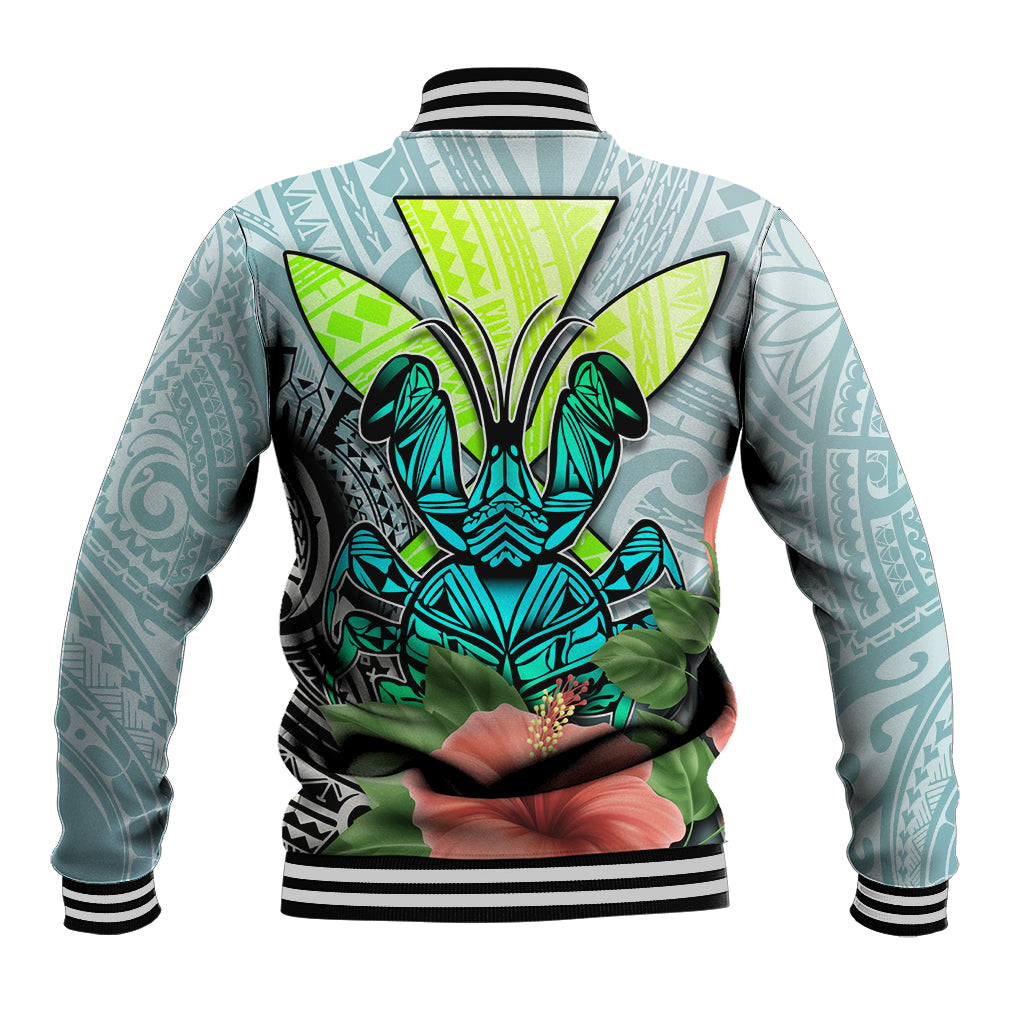 Multicolor tropical crab tribal baseball jacket, striped ribbed cuffs, back graphic