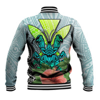 Multicolor tropical crab tribal baseball jacket, striped ribbed cuffs, back graphic