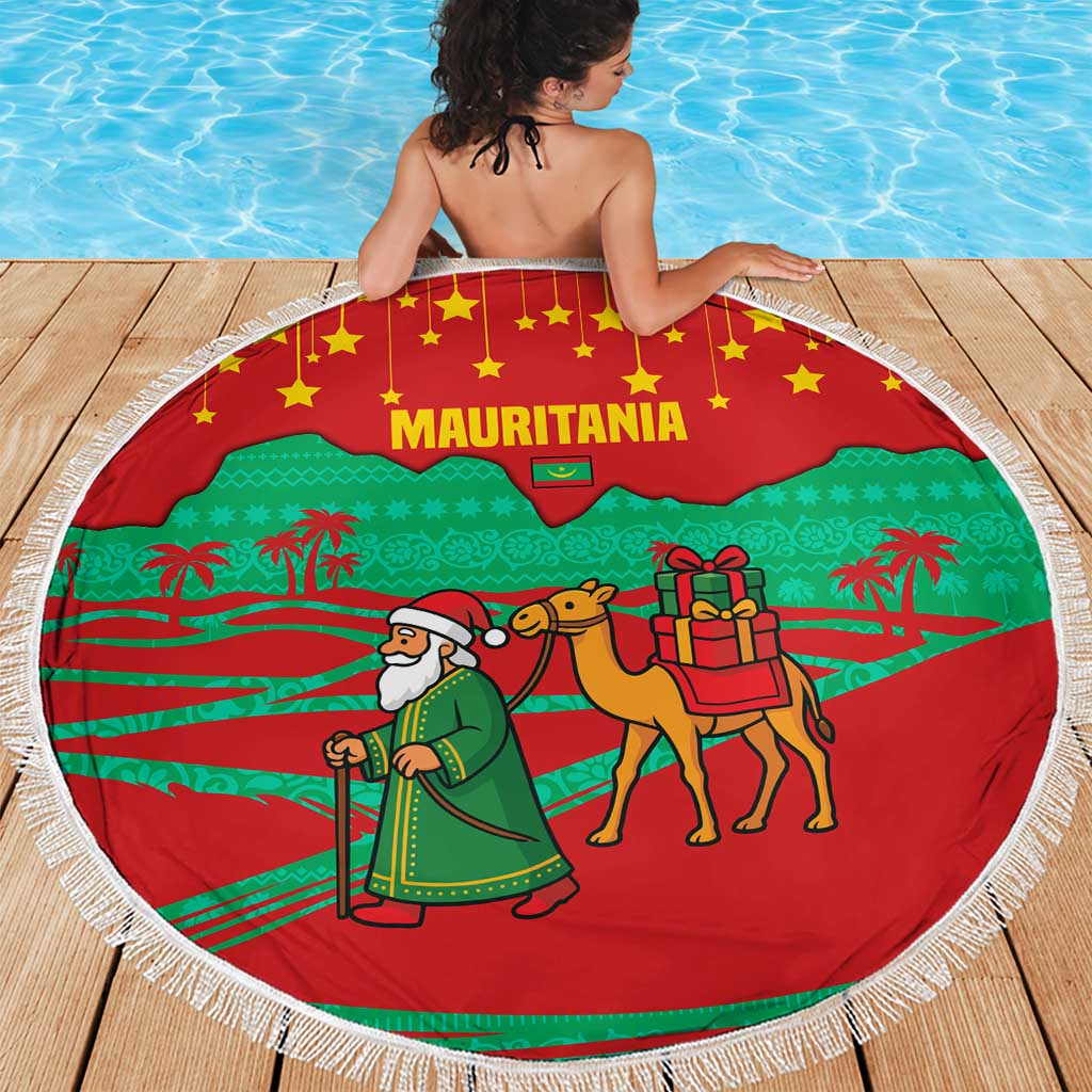 Mauritania Christmas Beach Blanket with Santa Claus Camel Gift Boxes Starry Sky and Desert Pattern Design - Wonder Print Shop