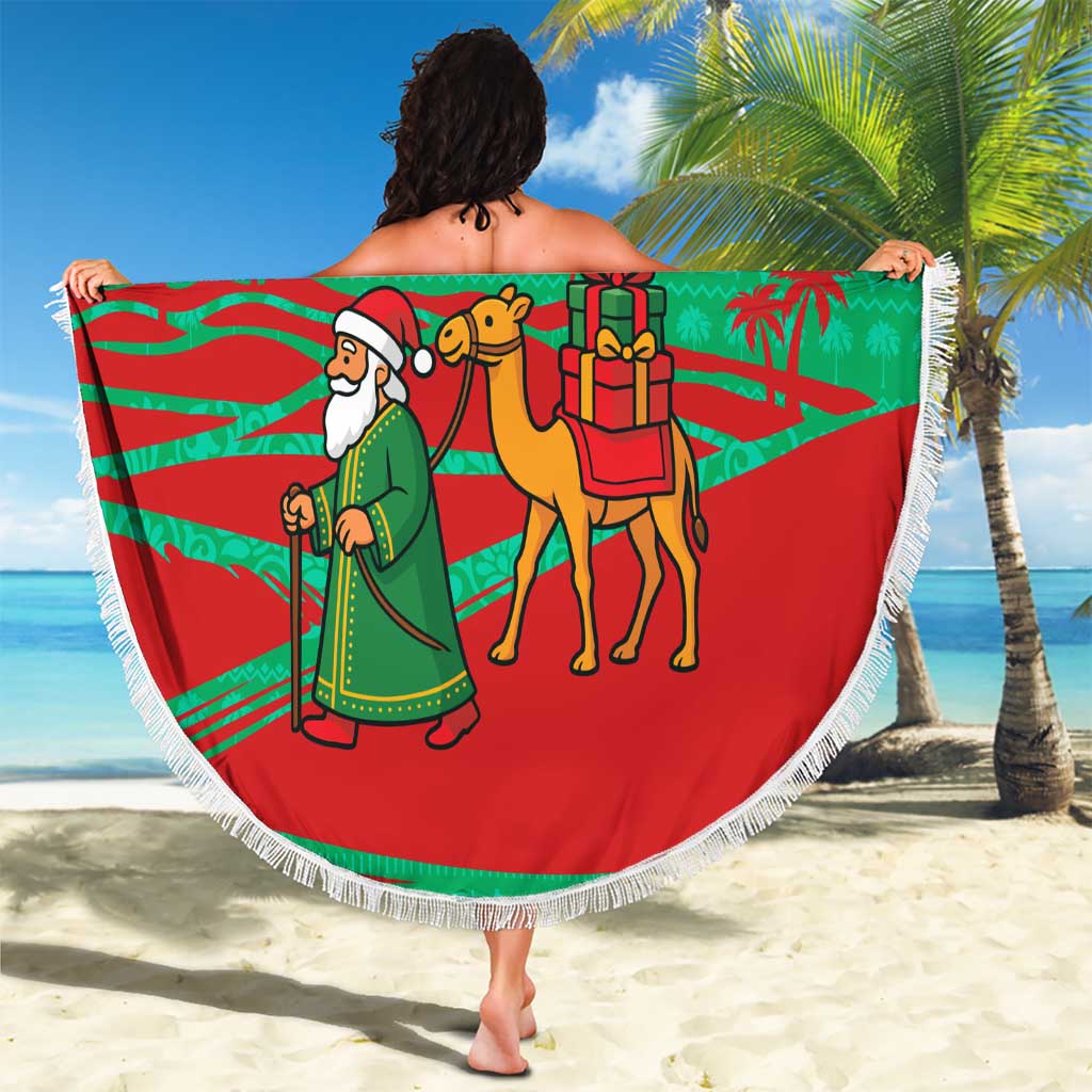 Mauritania Christmas Beach Blanket with Santa Claus Camel Gift Boxes Starry Sky and Desert Pattern Design - Wonder Print Shop