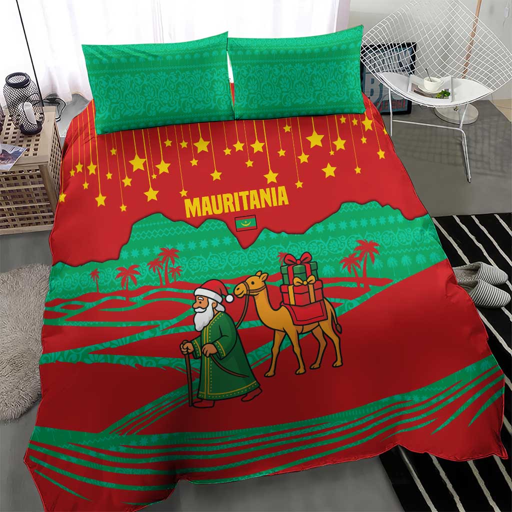 Mauritania Christmas Bedding Set with Santa Claus Camel Gift Boxes Starry Sky and Desert Pattern Design - Wonder Print Shop