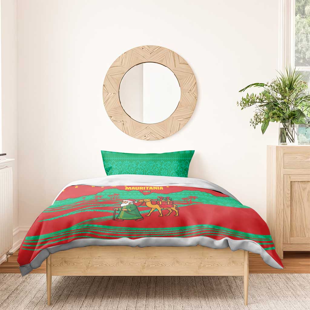 Mauritania Christmas Bedding Set with Santa Claus Camel Gift Boxes Starry Sky and Desert Pattern Design - Wonder Print Shop