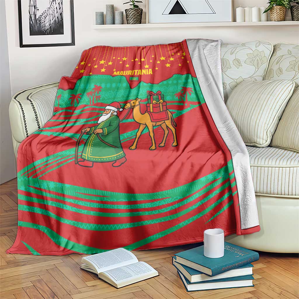 Mauritania Christmas Blanket with Santa Claus Camel Gift Boxes Starry Sky and Desert Pattern Design - Wonder Print Shop