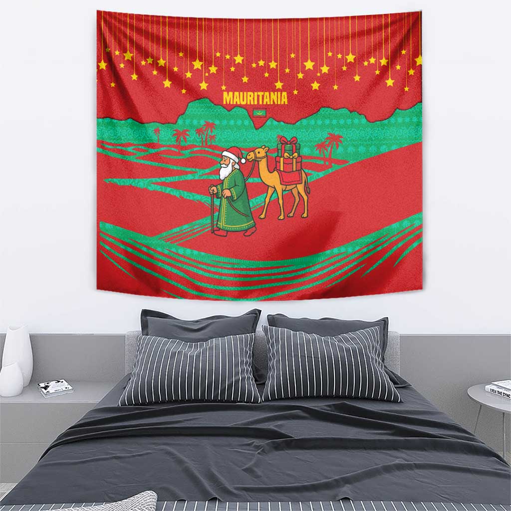 Mauritania Christmas Tapestry with Santa Claus Camel Gift Boxes Starry Sky and Desert Pattern Design - Wonder Print Shop