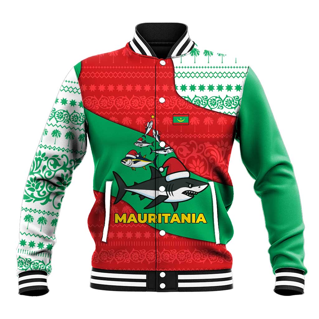 Mauritania Christmas Baseball Jacket with Santa Sharks Festive Fish Pattern and Red Green Holiday Design - Wonder Print Shop