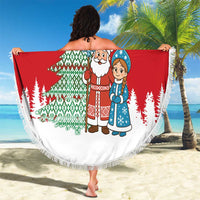 Belarus Christmas Beach Blanket with Ded Moroz Snow Maiden Christmas Tree and Nordic Pattern Design - Wonder Print Shop