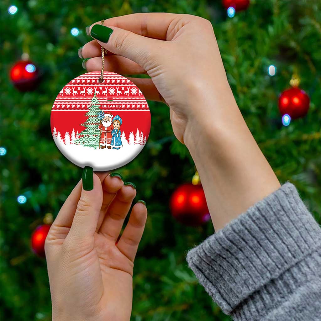 Belarus Christmas Ceramic Ornament with Ded Moroz Snow Maiden Christmas Tree and Nordic Pattern Design - Wonder Print Shop