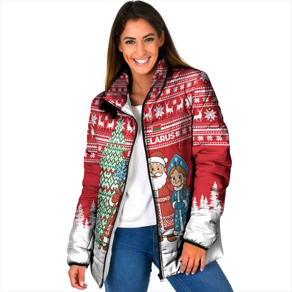 Belarus Christmas Padded Jacket with Ded Moroz Snow Maiden Christmas Tree and Nordic Pattern Design - Wonder Print Shop