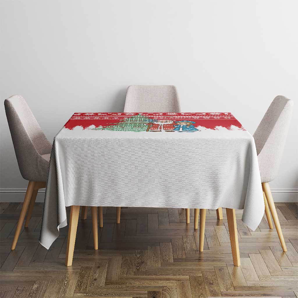 Belarus Christmas Tablecloth with Ded Moroz Snow Maiden Christmas Tree and Nordic Pattern Design - Wonder Print Shop