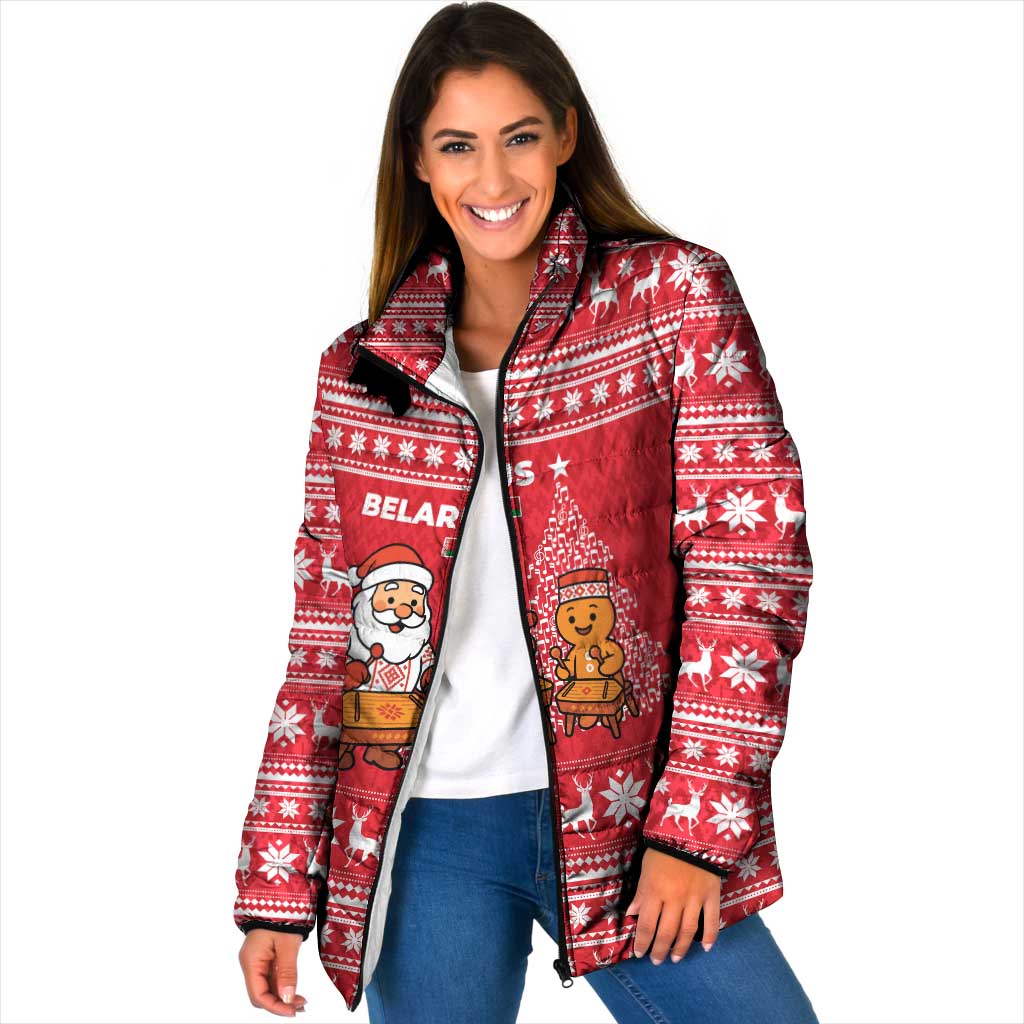 Belarus Christmas Padded Jacket with Santa Gingerbread Playing Chess National Emblem and Nordic Pattern Design - Wonder Print Shop